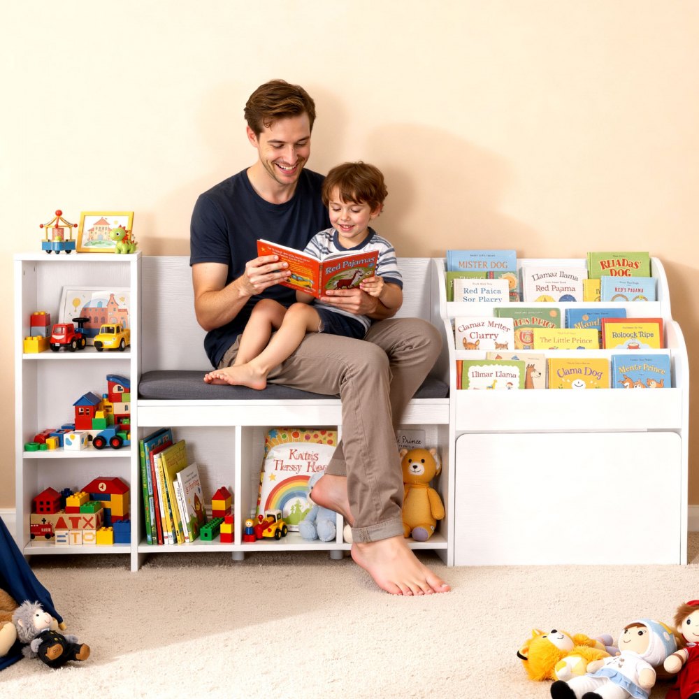 VEVOR Kinderregal mit Sitzbank & Rückenlehne & Bücherregal & Spielzeug-Organize, Spielzeugkiste Aufbewahrungstruhe für Spielzimmer Wohnzimmer Eingangsbereich, 170 x 40 x 80 cm, weiß