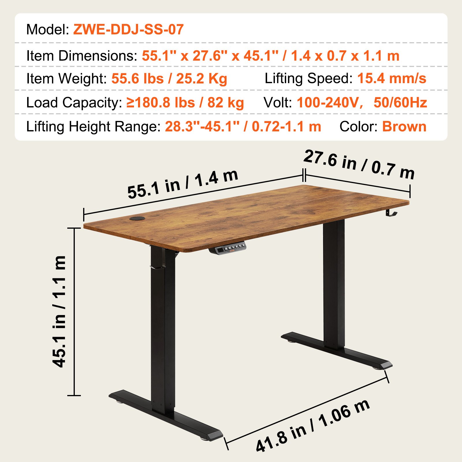VEVOR Schreibtisch Höhenverstellbar Elektrisch, 140 x 70 cm Stehschreibtisch, 0,72-1,1 m Einstellbar Memory-Steuerung, Großer Computertisch 82 kg Belastbar Braun Bürotisch PC Tisch Sitz- & Stehpult