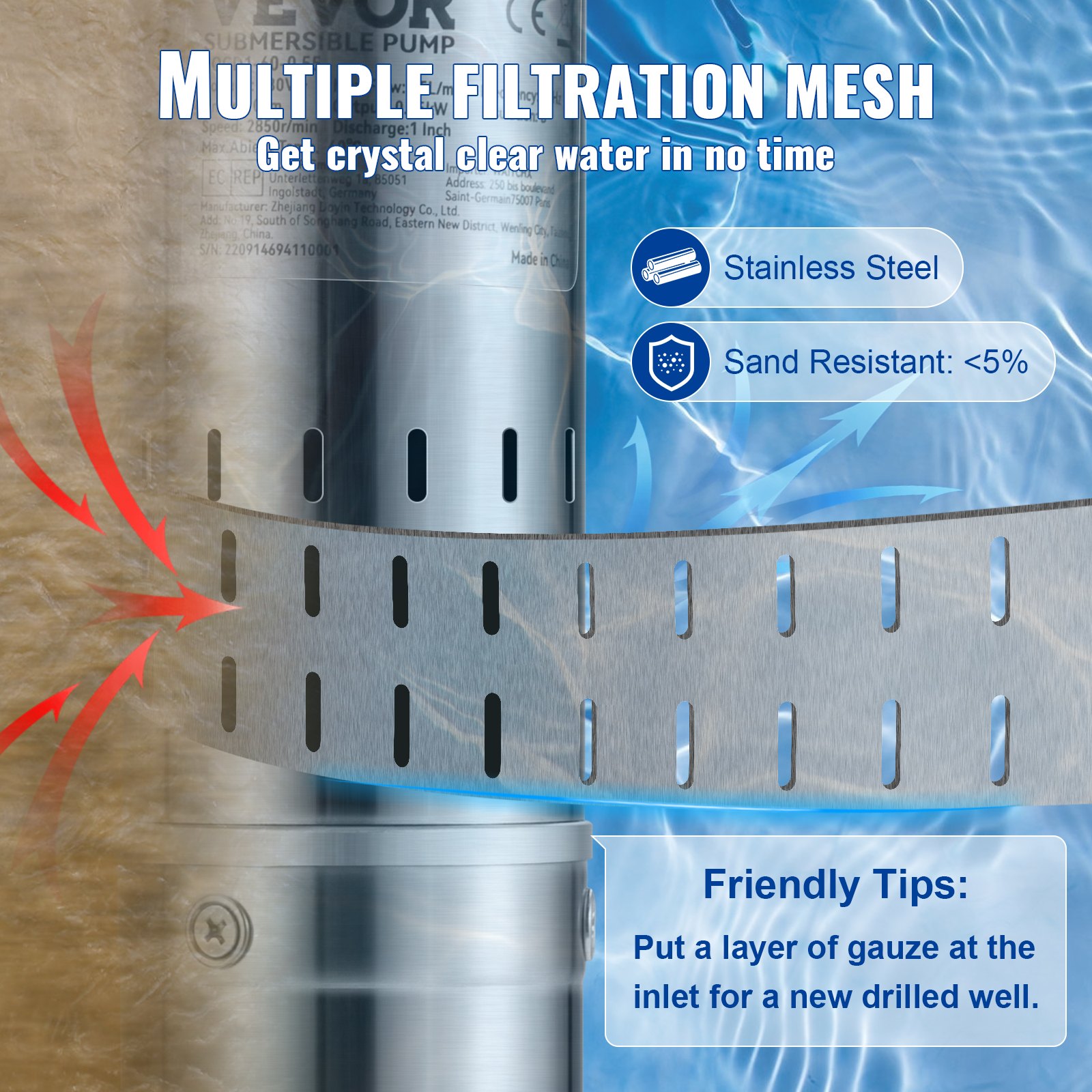 VEVOR 76mm Tiefbrunnenpumpe 550 W Brunnenpumpe max. Durchfluss 35 L/min Tauchpumpe max. Förderhöhe 108 m Tauchwasserpumpe sandbeständig <5% max. Drehzahl