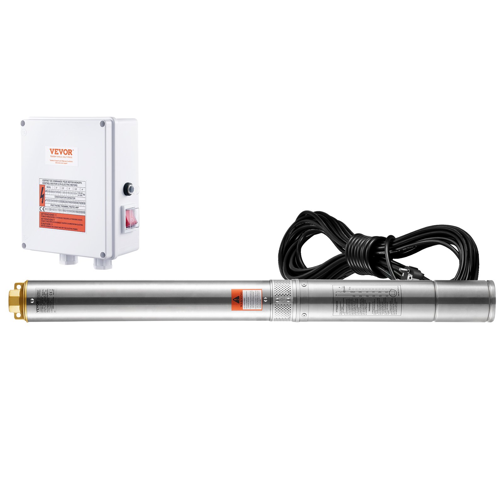 VEVOR Tiefbrunnen-Tauchpumpe, 2200 W, 230 V, 9,8 m³/h Durchfluss, 144 m Förderhöhe, mit 19,4 m Kabel und externer Steuerbox, Edelstahl-Wasserpumpen für industrielle Bewässerung und den Heimgebrauch, IP68 wasserdicht