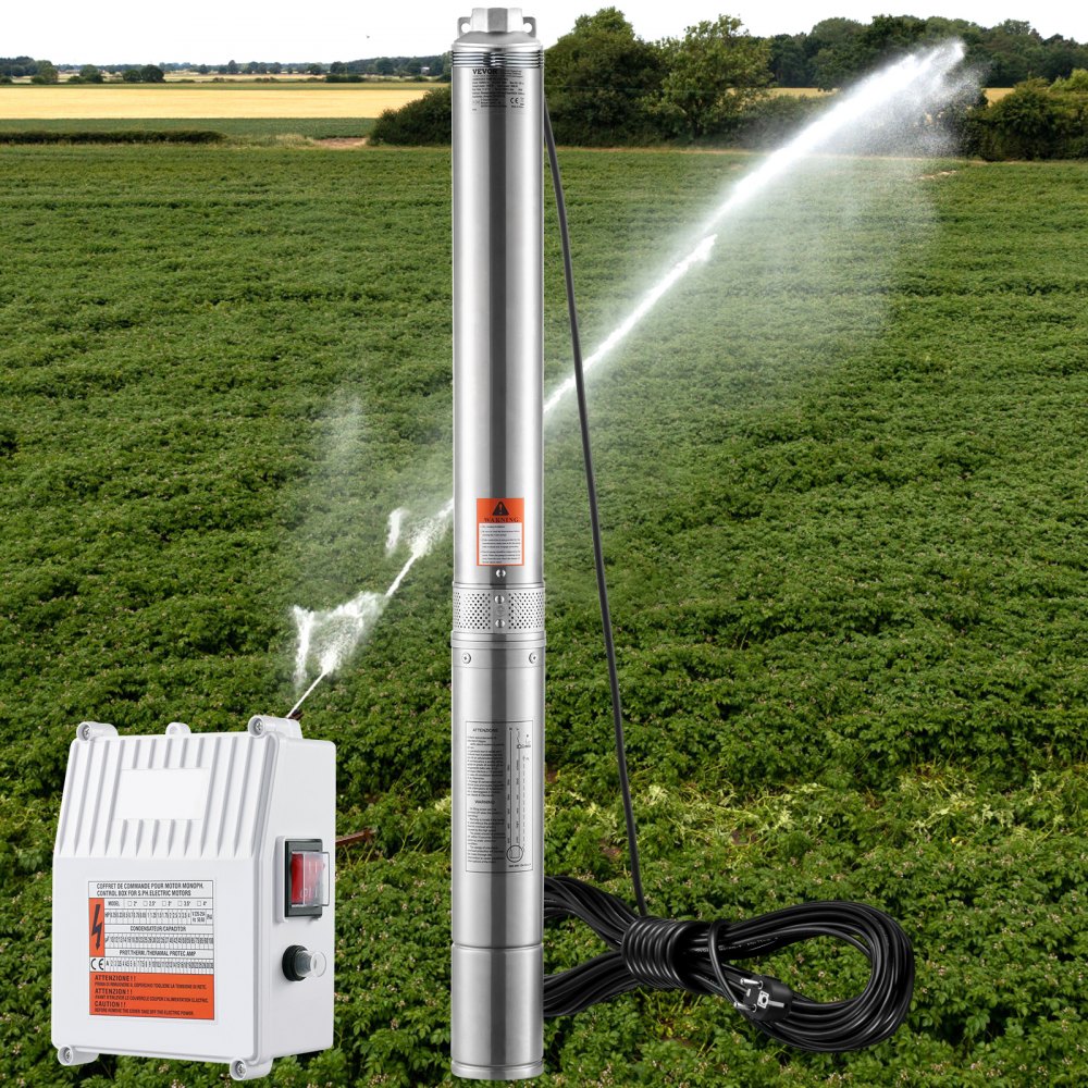 VEVOR Tiefbrunnen-Tauchpumpe, 1500 W, 230 V, 60 Hz, 9,8 m³/h, 108 m Förderhöhe, mit 19,4 m Kabel und externer Steuerbox, Edelstahl-Wasserpumpen für Industrie, Bewässerung und Heimgebrauch, IP68 wasserdicht