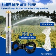 VEVOR 3,5" Tiefbrunnenpumpe 750W Brunnenpumpe 105L/min Tauchpumpe max. Förderhöhe 62m Rohrpumpe 230V 50Hz Sandpumpe IP68 Wasserpumpe mit 20m Kabel Pumpe Ideal zur Bewässerung oder Wasser-Versorgung