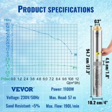 VEVOR 4" Tiefbrunnenpumpe 1100 W Brunnenpumpe 190 L/min Tauchpumpe max Förderhöhe 57 m Rohrpumpe 230 V 50 Hz Sandpumpe IP68 Wasserpumpe 0-40°C Pumpe Ideal