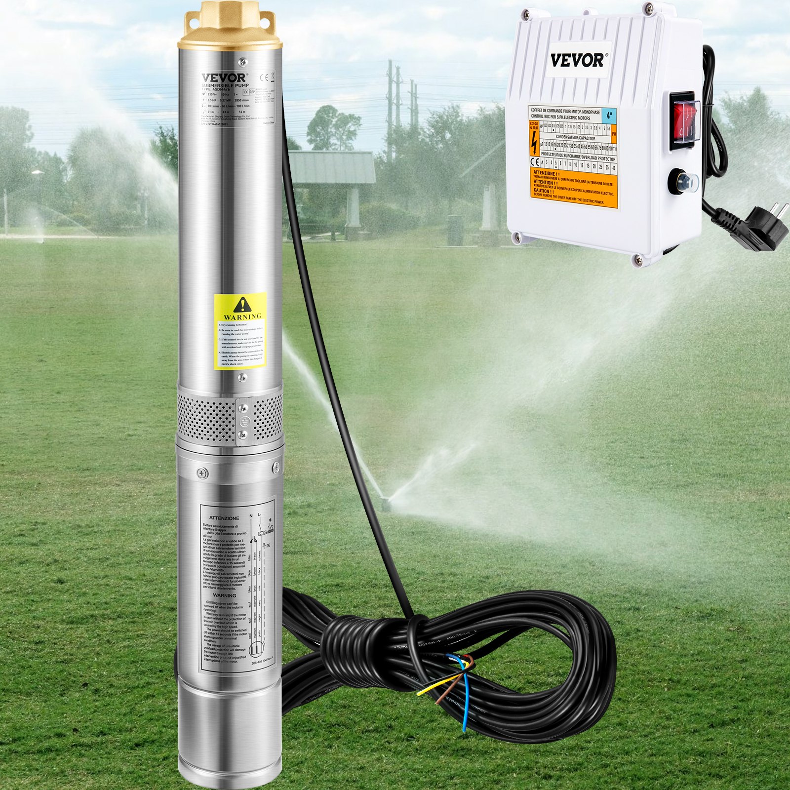 VEVOR 101,6 mm Tiefbrunnenpumpe 370 W Brunnenpumpe 110 L/min Tauchpumpe max Förderhöhe 44m Rohrpumpe 230 V 50 Hz Sandpumpe Edelstahl Wasserpumpe 0-40°C Pumpe