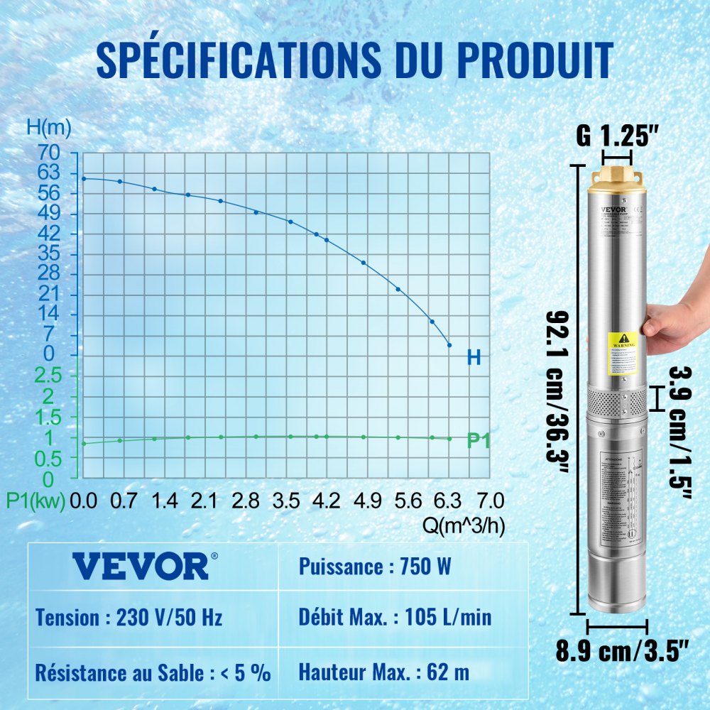 VEVOR 88 mm Tiefbrunnenpumpe 750W Brunnenpumpe 105L/min Tauchpumpe max. Förderhöhe 62m Rohrpumpe 230V 50Hz Sandpumpe IP68 Wasserpumpe 11 Laufradstufen Pumpe Ideal zur Bewässerung oder Wasser-Versorgung