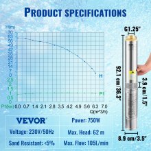 VEVOR 3,5" Tiefbrunnenpumpe 750W Brunnenpumpe 105L/min Tauchpumpe max. Förderhöhe 62m Rohrpumpe 230V 50Hz Sandpumpe IP68 Wasserpumpe 11 Laufradstufen Pumpe Ideal zur Bewässerung oder Wasser-Versorgung