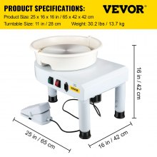 VEVOR Töpferrad 28 cm 350 W Töpferscheibe Weiß Elektrische Töpferscheibe mit Fußpedal, Mini Töpferrad mit abnehmbarem Becken Drehscheibe, Werkzeug für Keramik Ton Herstellung Heimwerken