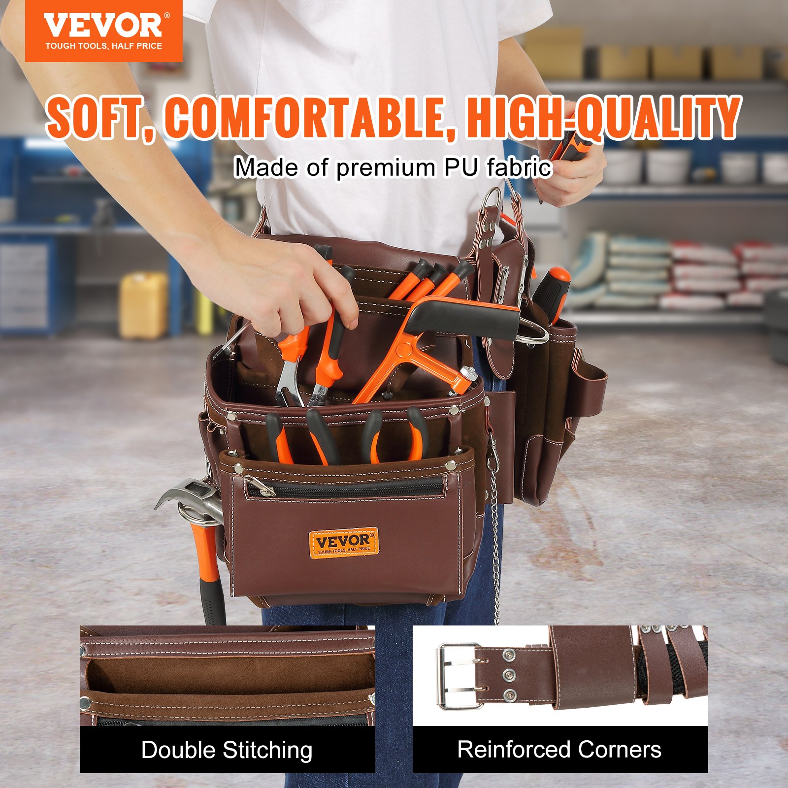 VEVOR Tool Belt with 22 Pockets, Adjustable from 73.6 to 137.2 cm, Premium PU Heavy-Duty Tool Pouch, Detachable Tool Bag for Electricians, Carpenters, DIY Enthusiasts, Woodworkers, Construction Workers, Brown