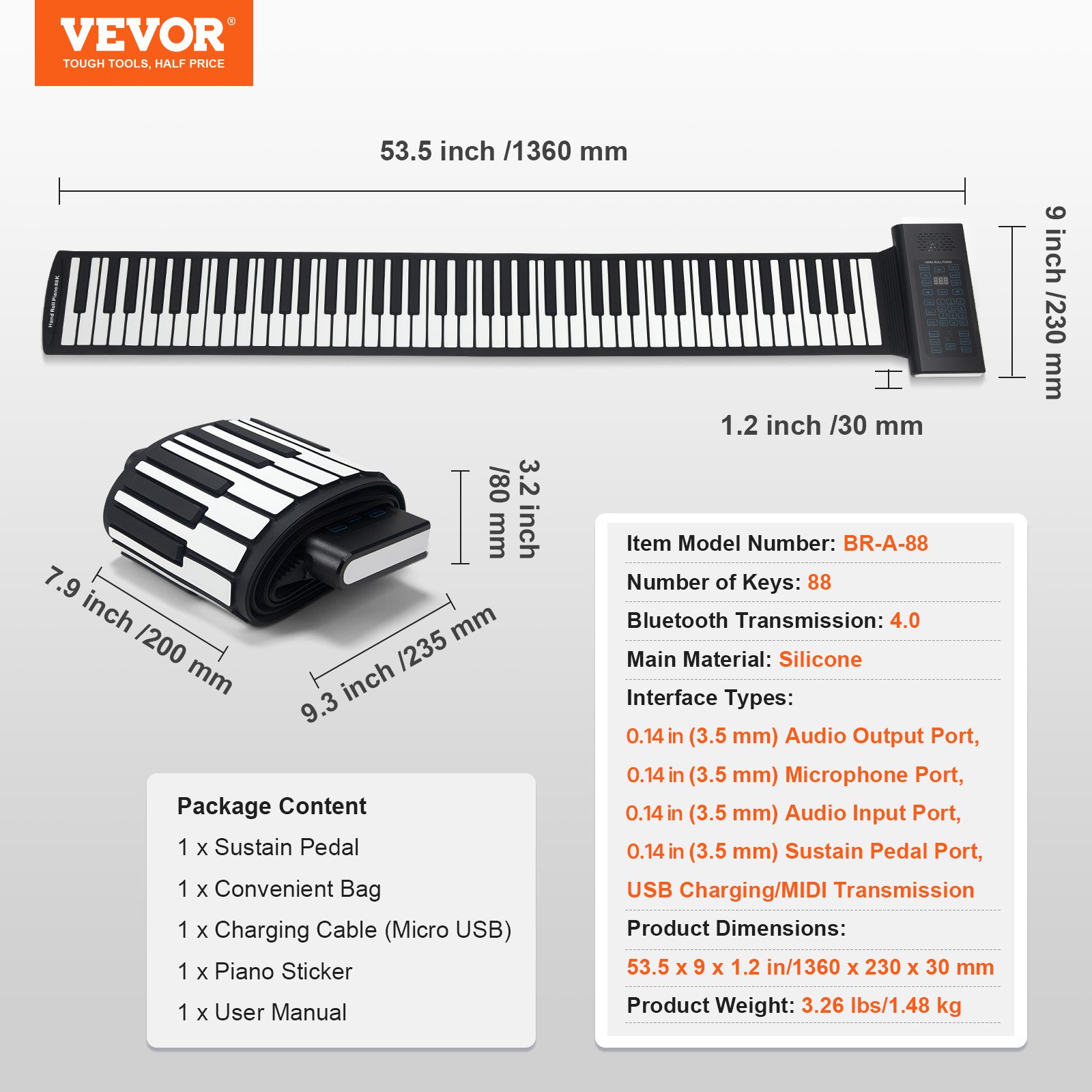 VEVOR Roll-Up-Keyboard-Piano mit 88 Tasten, 128 Rhythmen, 128 Töne, tragbares elektrisches digitales Handrollpiano mit wiederaufladbarem Akku, 2-W-Lautsprecher, LED-Anzeige, 5 Anschlüsse, MIDI-Funktion, für Kinder, Anfänger und Erwachsene