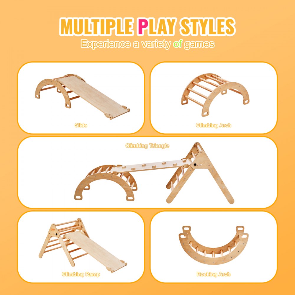 VEVOR Pikler-Dreieck-Set, 5-in-1-Kletterspielzeug für Kleinkinder, Indoor-Spielplatz, Montessori-Kletterset mit Dreieck, Rampe und Bogen, großes Klettergerüst aus Holz für Kleinkinder von 1–3 Jahren, Holzfarbe