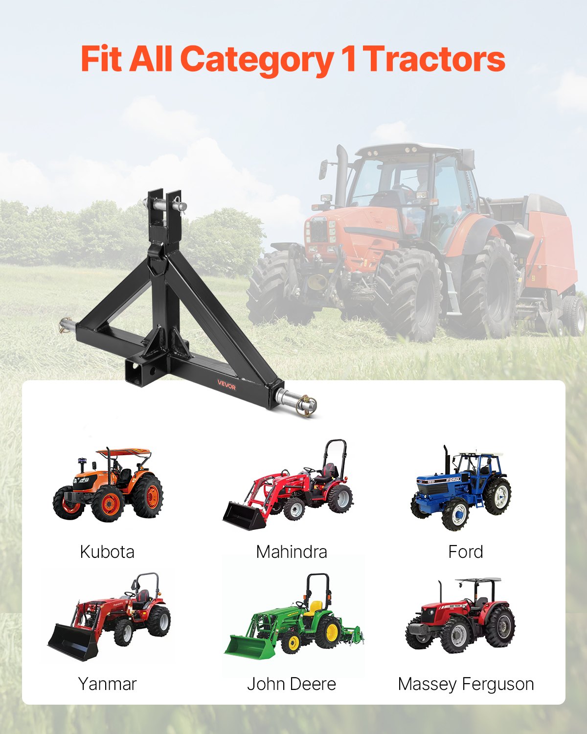 VEVOR 3-Punkt-Anhängerkupplung mit 5,08 cm Empfänger, Dreipunktaufnahme, 1360 kg Kapazität, Traktor-Anhängerkupplungsadapter, kompatibel mit Kubota, Mahindra, John Deere, Massey Ferguson