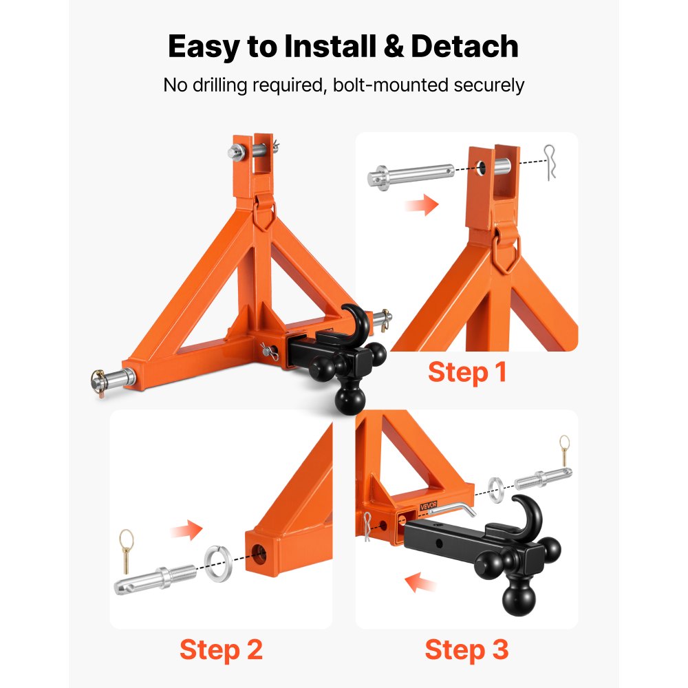 VEVOR 3 Point Trailer Hitch with 50.8 mm Receiver, 3 Pt Quick Hitch Attachment 3 Trailer Balls, Tractor Tow Drawbar Adapter for Category 1, Kubota, Mahindra, Ford, Yanmar, John Deere, Massey Ferguson