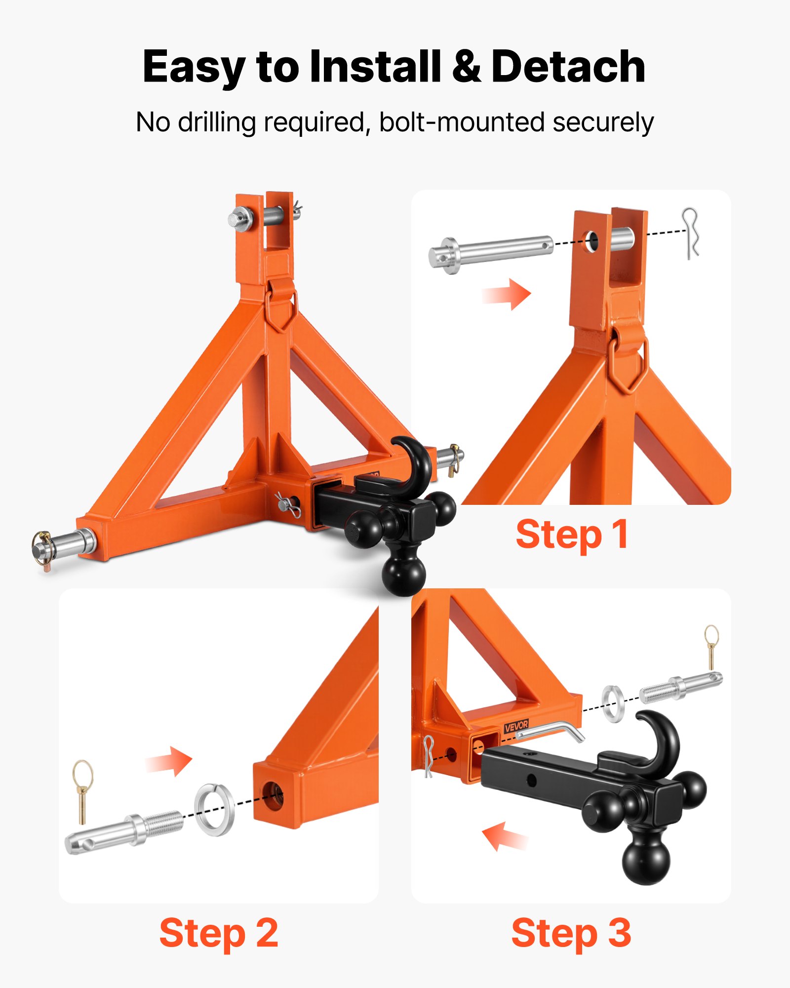 VEVOR 3 Point Trailer Hitch with 50.8 mm Receiver, 3 Pt Quick Hitch Attachment 3 Trailer Balls, Tractor Tow Drawbar Adapter for Category 1, Kubota, Mahindra, Ford, Yanmar, John Deere, Massey Ferguson