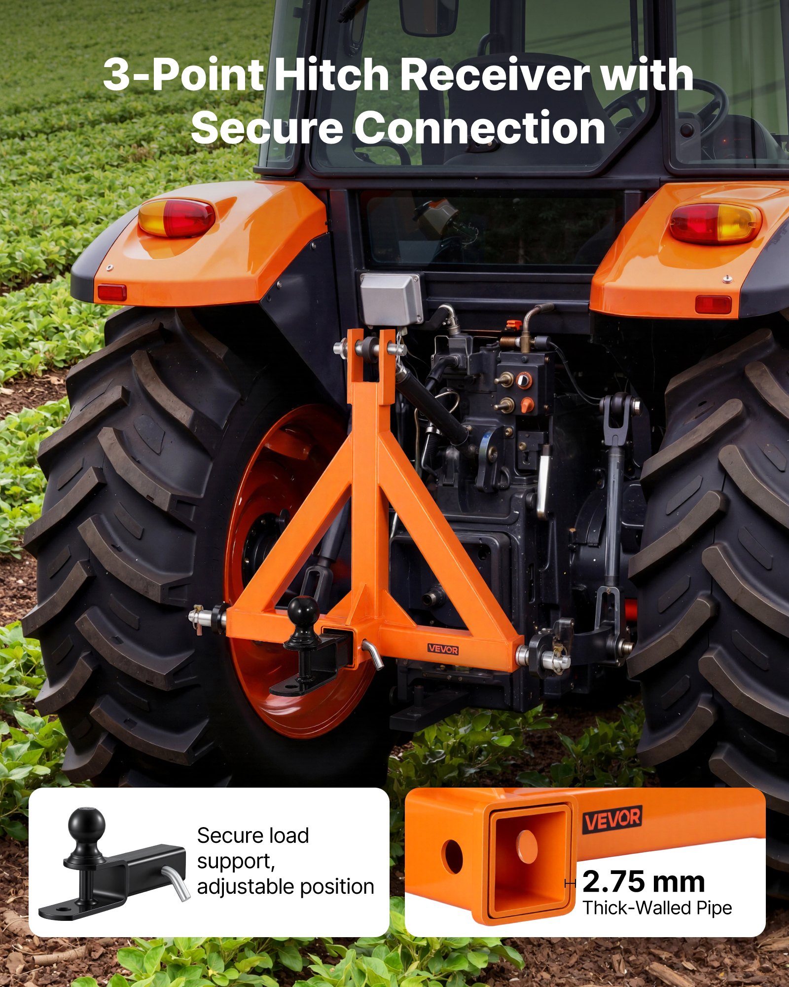 VEVOR 3-Punkt-Anhängerkupplung mit 2 Zoll-Aufnahme, Dreipunkt-Schnellkupplung mit Anhängerkugel, Traktor-Zugstangenadapter, Passend für Kategorie 1, Kompatibel mit Verschiedenen Kompakttraktoren