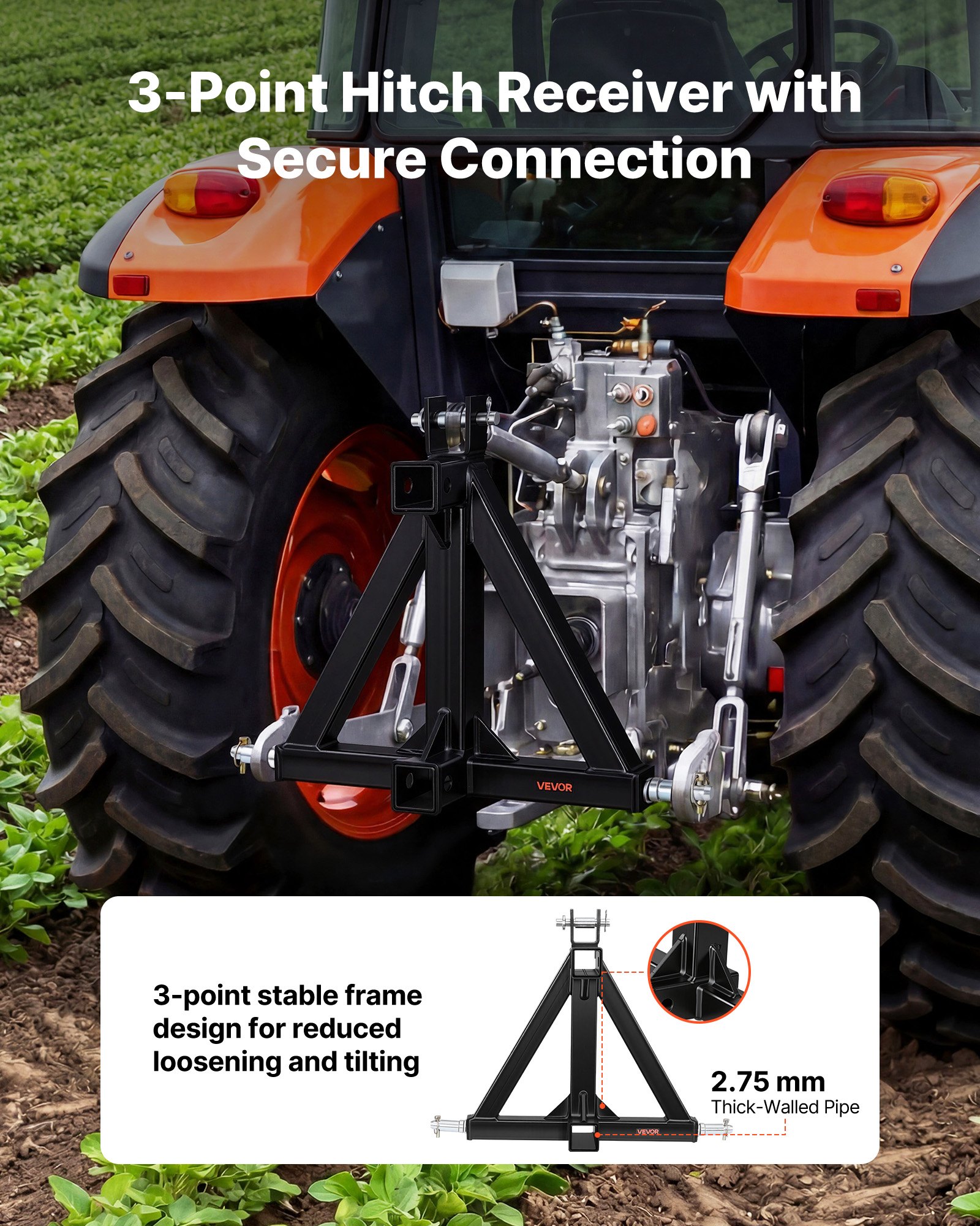 VEVOR 3 Point Trailer Hitch with 50.8 mm Receiver, 3 Pt Quick Hitch Attachment, Tractor Tow Drawbar Adapter, Compatible with Category 1, Kubota, Mahindra, Ford, Yanmar, John Deere, Massey Ferguson