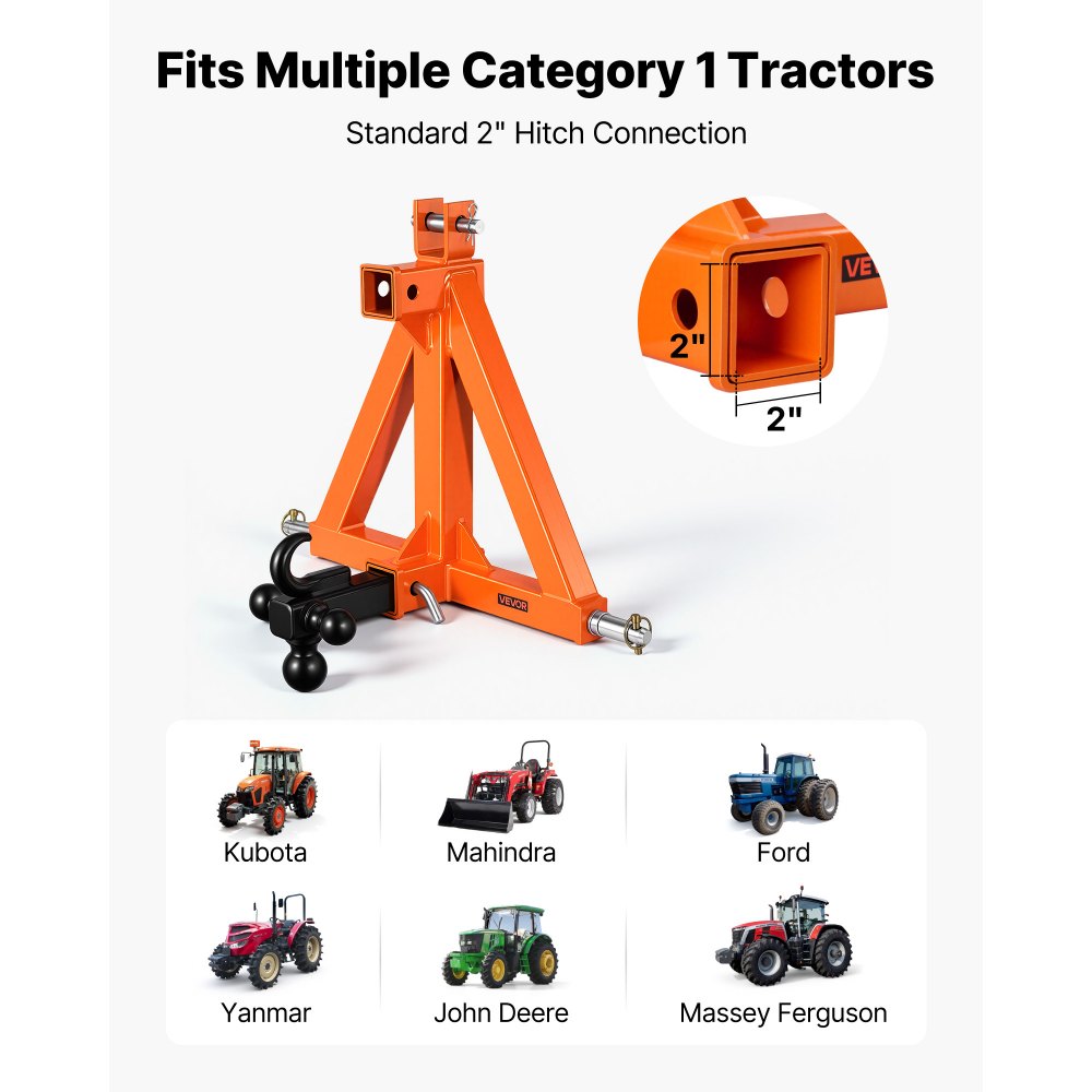 VEVOR 3-Punkt-Anhängerkupplung mit 2 Zoll-Aufnahme, Dreipunkt-Schnellkupplung mit 3 Anhängerkugeln, Traktor-Zugstangenadapter für Kategorie 1, Kompatibel mit Verschiedenen Kompakttraktoren, Orange