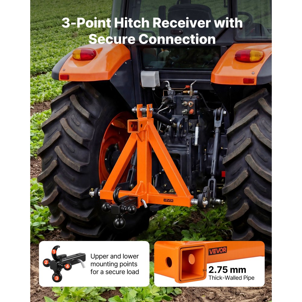 VEVOR 3-Punkt-Anhängerkupplung mit 2 Zoll-Aufnahme, Dreipunkt-Schnellkupplung mit 3 Anhängerkugeln, Traktor-Zugstangenadapter für Kategorie 1, Kompatibel mit Verschiedenen Kompakttraktoren, Orange
