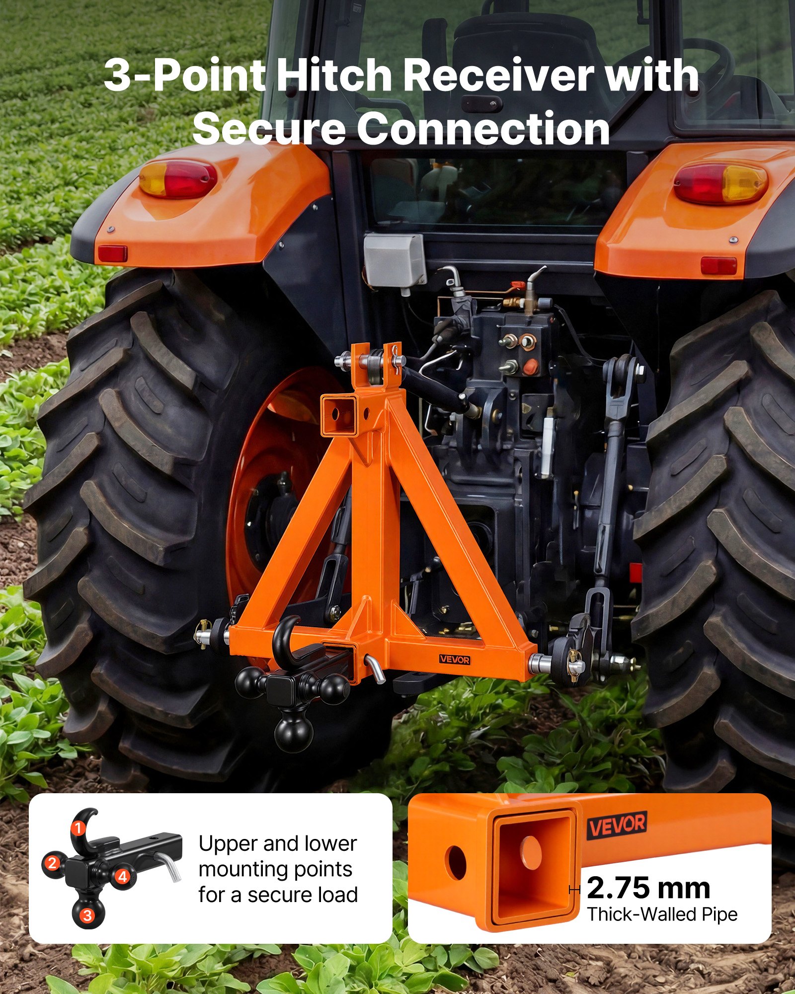 VEVOR 3-Punkt-Anhängerkupplung mit 2 Zoll-Aufnahme, Dreipunkt-Schnellkupplung mit 3 Anhängerkugeln, Traktor-Zugstangenadapter für Kategorie 1, Kompatibel mit Verschiedenen Kompakttraktoren, Orange