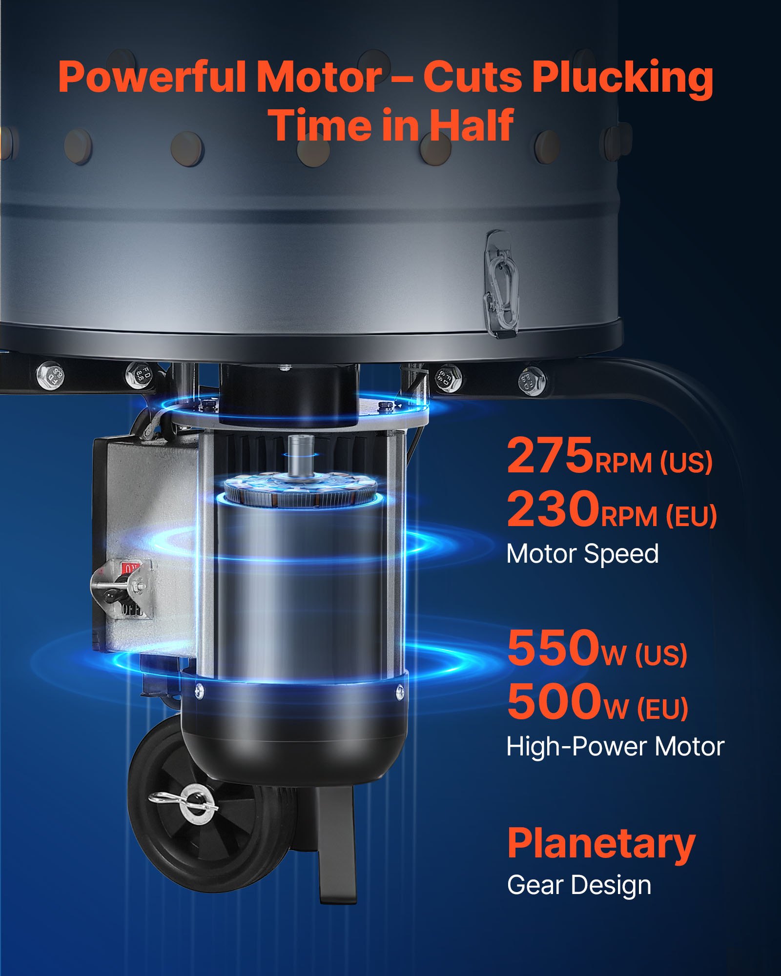 VEVOR Geflügelrupfmaschine, 400-mm-Trommel, 500 W, 230 U/min, elektrische Rupfmaschine mit 114 weichen Fingern & Transporträdern, Federentferner aus Edelstahl zur Verarbeitung von 1–2 Hühnern