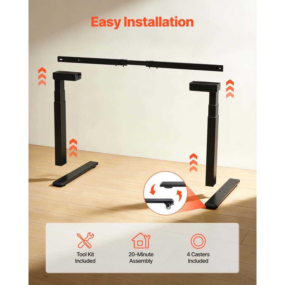 VEVOR Höhenverstellbarer Schreibtisch Gestell, Elektrisches Tischgestell bis 125kg, 3 Stufige Tischbeine mit 2 Motoren Speicherfunktion Höhenanzeige Kollisionschutz USB, Tischständer für Büro, Schwarz