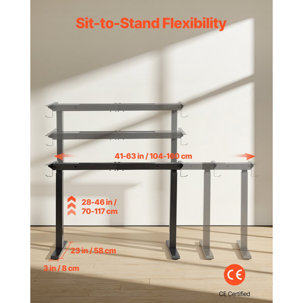 VEVOR Standing Desk Frame Dual Motor, Electric Adjustable 104-160 cm Extension Length, 4 Memory Height Settings, Stand Up Table Legs, Sit to Stand Desk Leg Riser for Office Home Base Worksation, Black