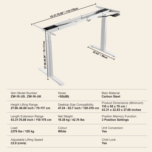 Schreibtisch Gestell mit Doppelmotor, einstellbare Höhe 70-117 cm und Länge 110-178 cm, elektrisch verstellbares Tischgestell, ergonomische DIY-Arbeitsplatzbasis (nur weißer Rahmen) | DE Schreibtisch Gestell mit Doppelmotor, einstellbare Höhe 70-117 cm und Länge 110-178 cm, elektrisch verstellbares Tischgestell, ergonomische DIY-Arbeitsplatzbasis (nur weißer Rahmen) | DE