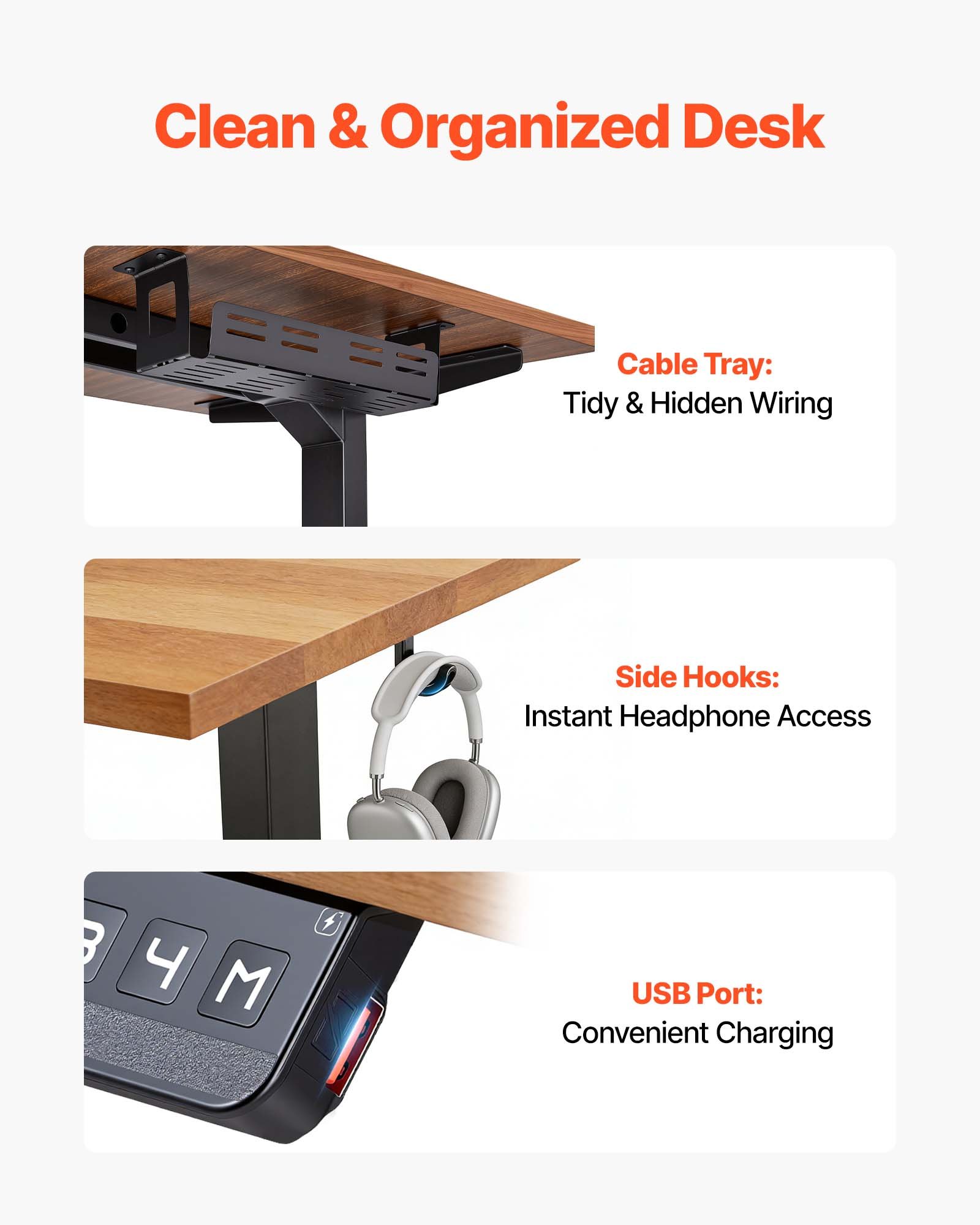 VEVOR Höhenverstellbarer Schreibtisch Gestell L-Form, Winkelverstellbares Tischgestell bis 125kg, 3 Stufige Tischbeine mit 3 Motoren Speicherfunktion Höhenanzeige Kollisionschutz USB für Büro, Schwarz