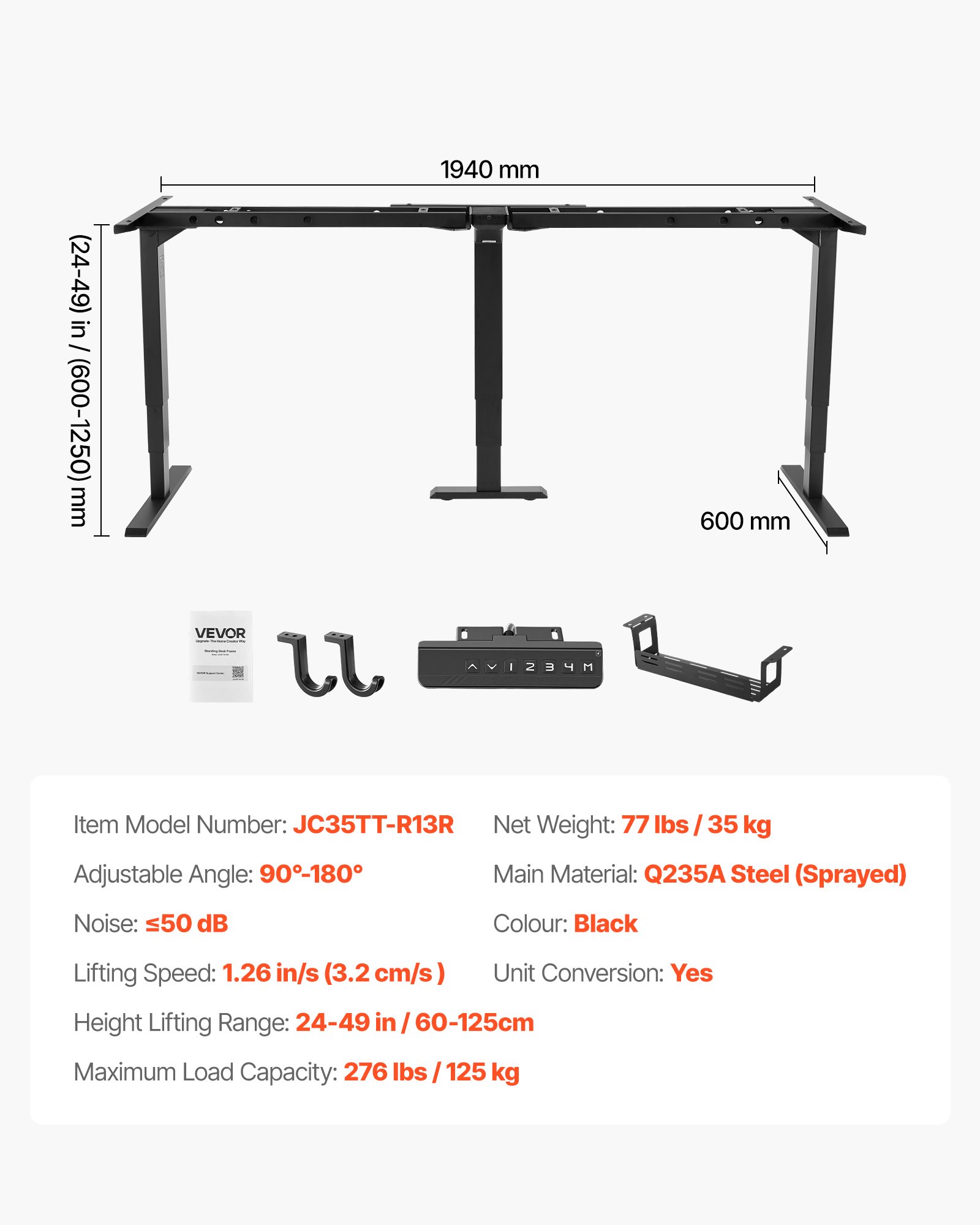 VEVOR Höhenverstellbarer Schreibtisch Gestell L-Form, Winkelverstellbares Tischgestell bis 125kg, 3 Stufige Tischbeine mit 3 Motoren Speicherfunktion Höhenanzeige Kollisionschutz USB für Büro, Schwarz