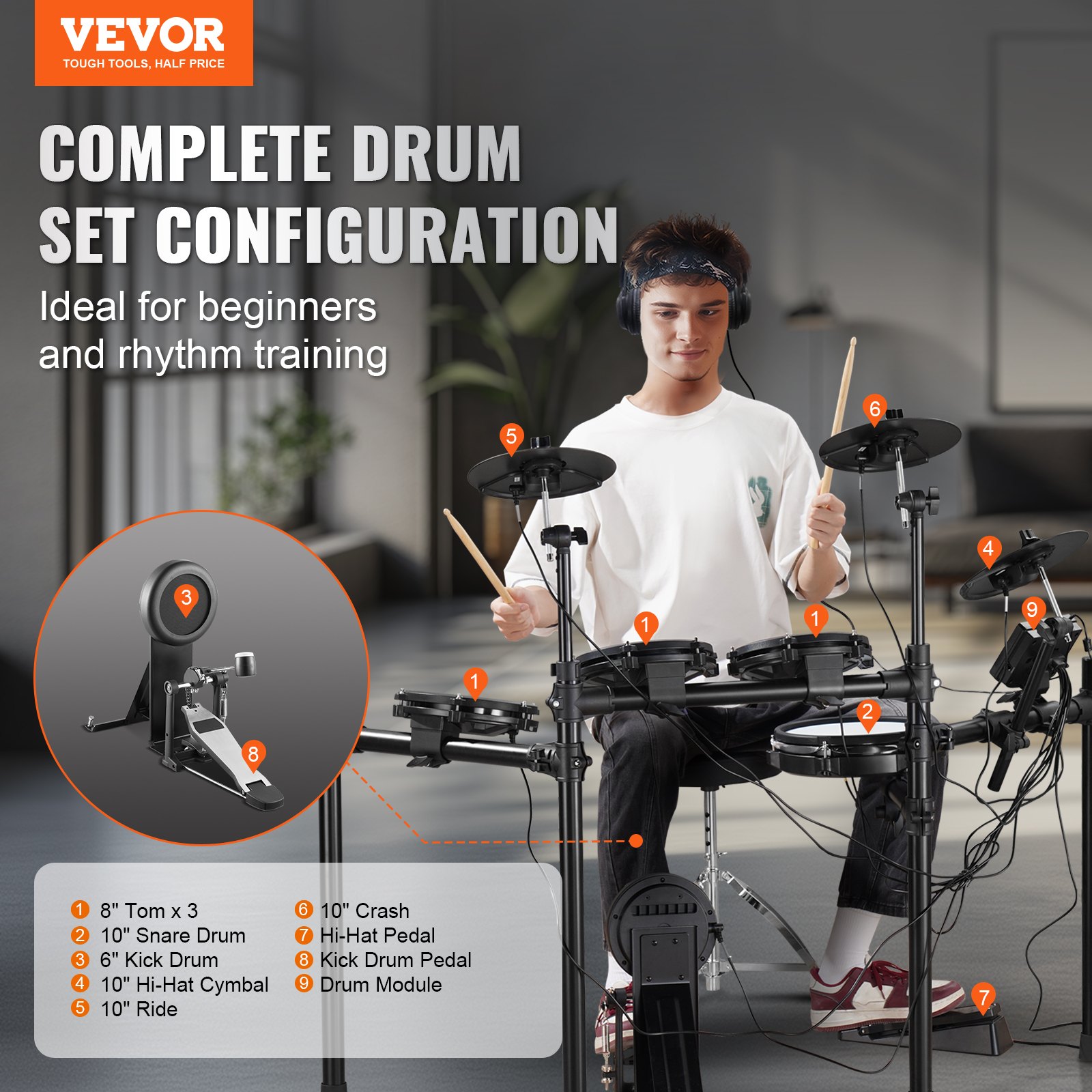 VEVOR E-Drum-Set, 32 Drum-Kits & 480 Sounds Elektronisches Schlagzeug, USB MIDI-unterstütztes 10-Zoll-Leises Mesh-Snare-E-Drum-Set mit 10-Zoll-Becken, Drumsticks und Pedalen, für Anfänger & Erwachsene