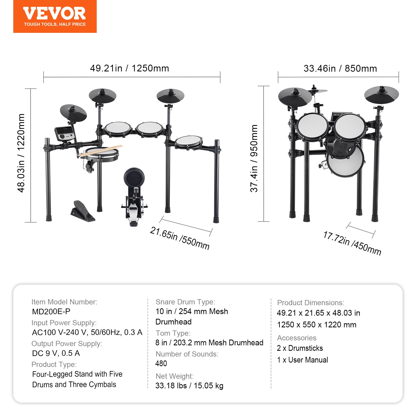 VEVOR E-Drum-Set, 32 Drum-Kits & 480 Sounds Elektronisches Schlagzeug, USB MIDI-unterstütztes 10-Zoll-Leises Mesh-Snare-E-Drum-Set mit 10-Zoll-Becken, Drumsticks und Pedalen, für Anfänger & Erwachsene