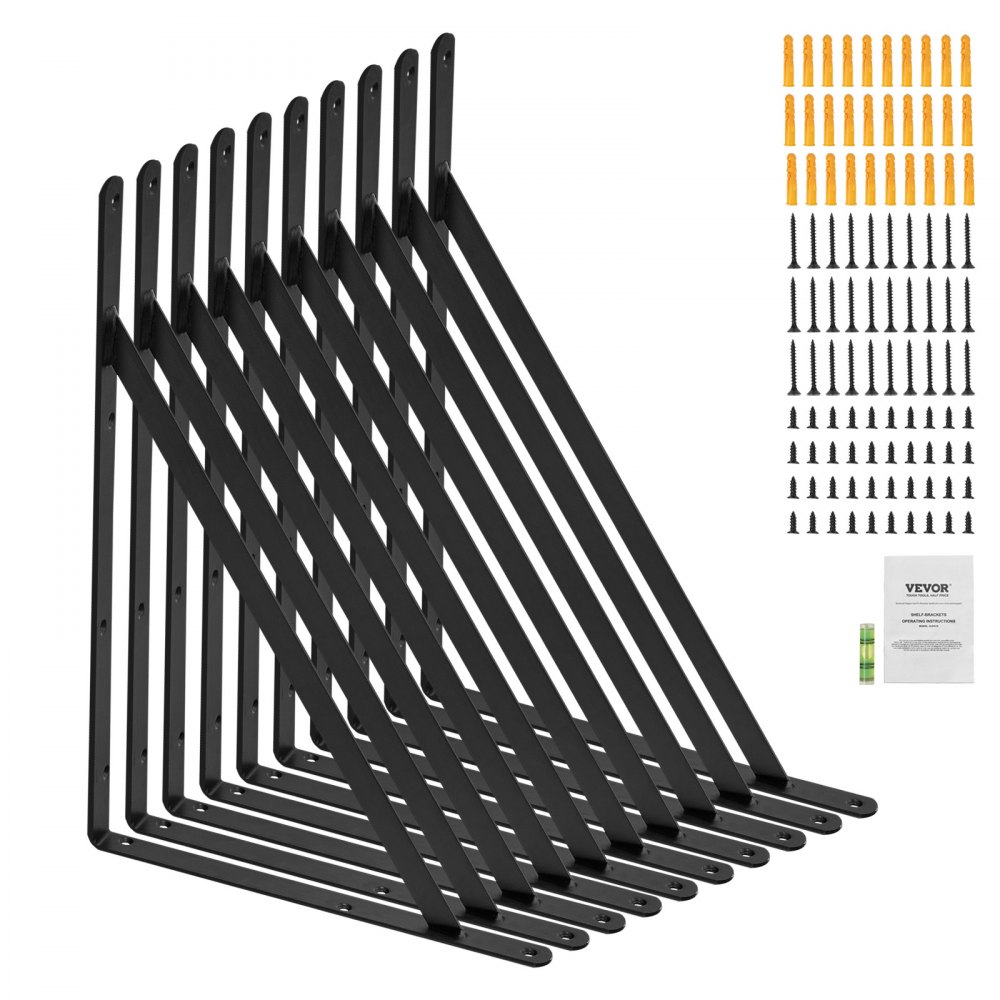 VEVOR-Regalhalterungsset mit schwarzen L-förmigen Halterungen, Schrauben, Dübeln, Wasserwaage und Bedienungsanleitung.