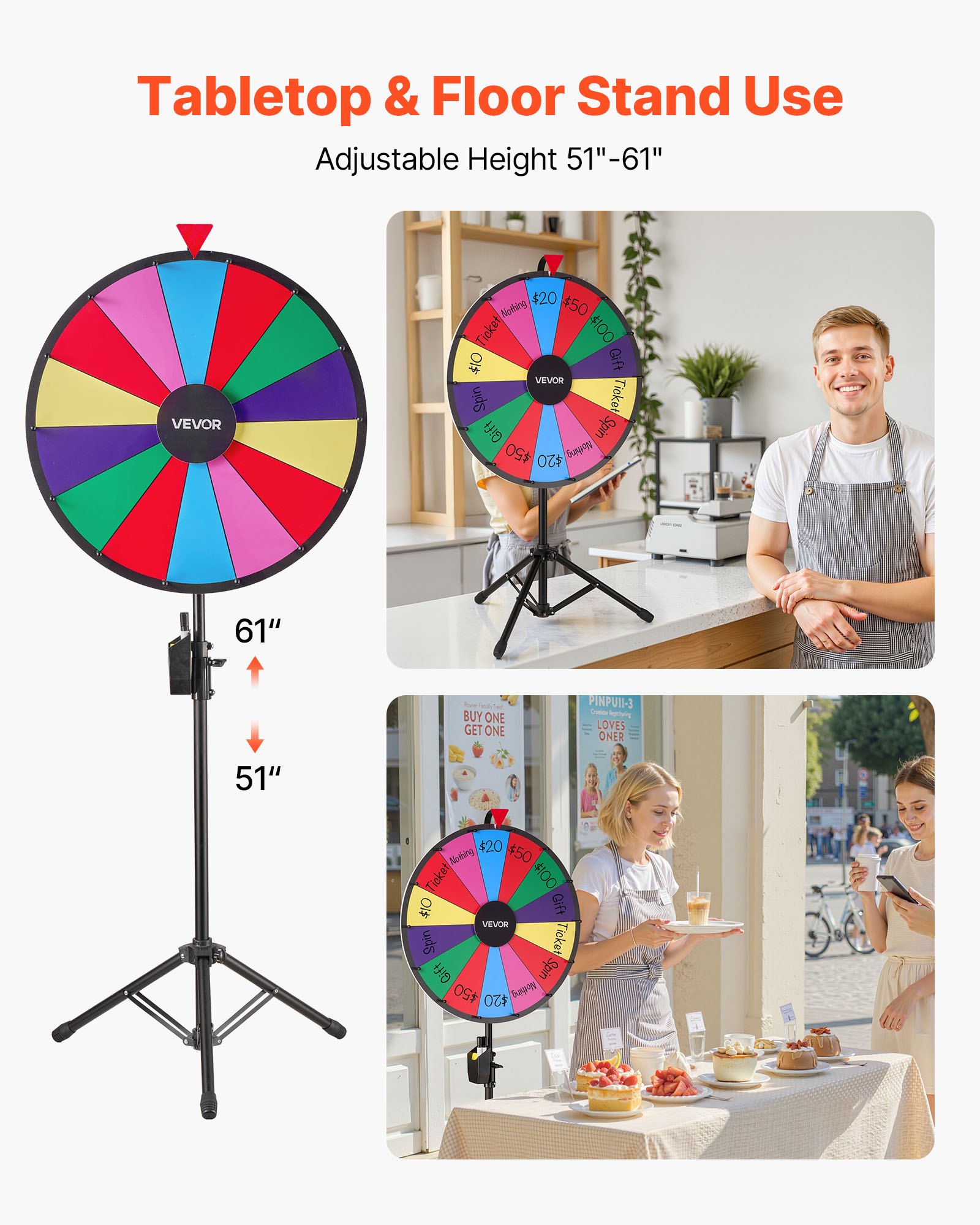 VEVOR Glücksrad Drehrad (61 cm) 14 Slots Glücksrad mit Stativ, höhenverstellbar, Lotteriespiele Gewinn-Roulette mit Tafelschwamm & 2 Markern, 6 Farben, ideal für Party Kneipe Messe Karneval