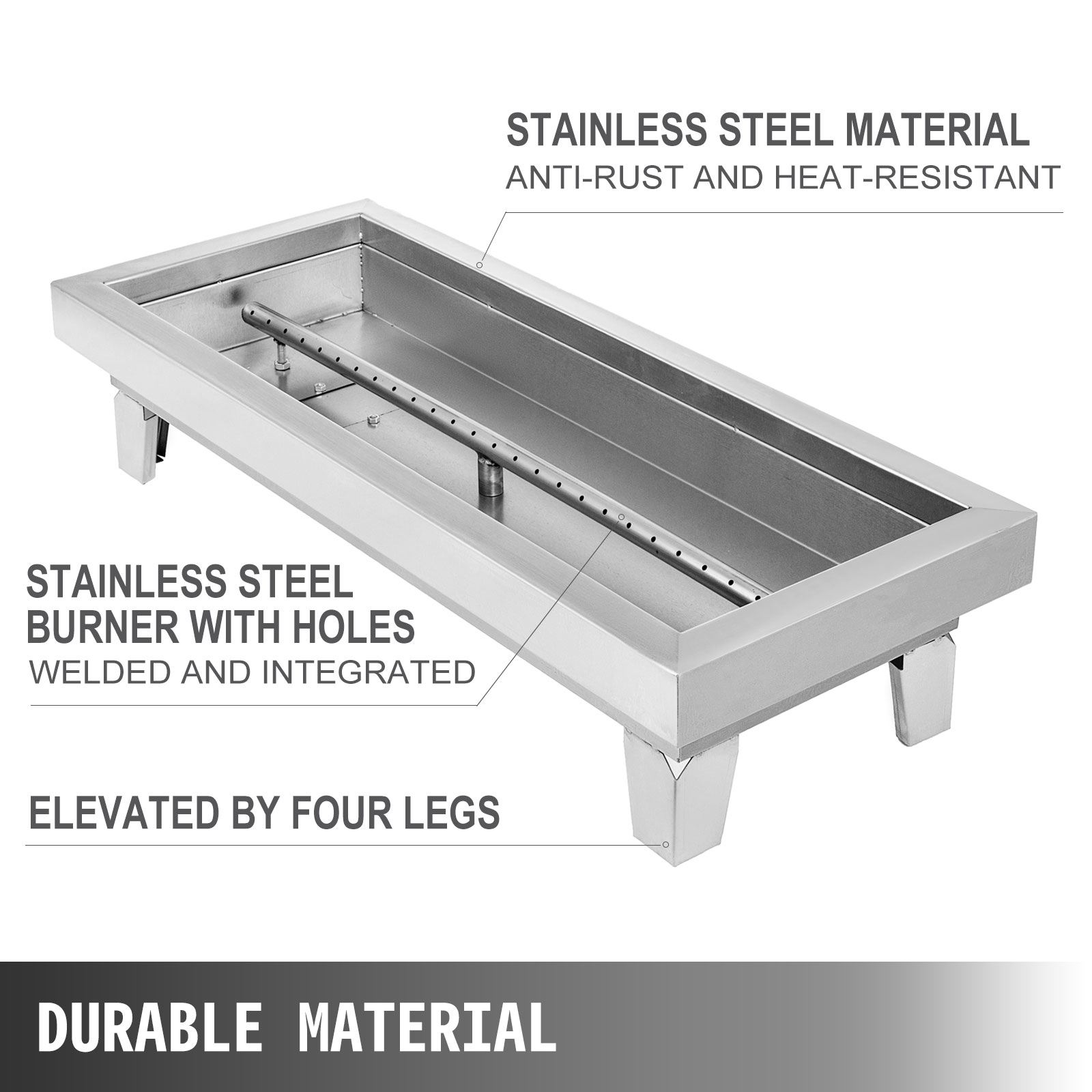 VEVOR BBQ Kohlebecken, 60 x 25 x 5 cm Barbecue Brazier Kohlebecken Feuerstelle aus Edelstahlkonstruktion, 9,07 kg Füllglas Multifunktionelle Feuer FeuerstelleMetall Kohlebecken Feuerfestes Glas