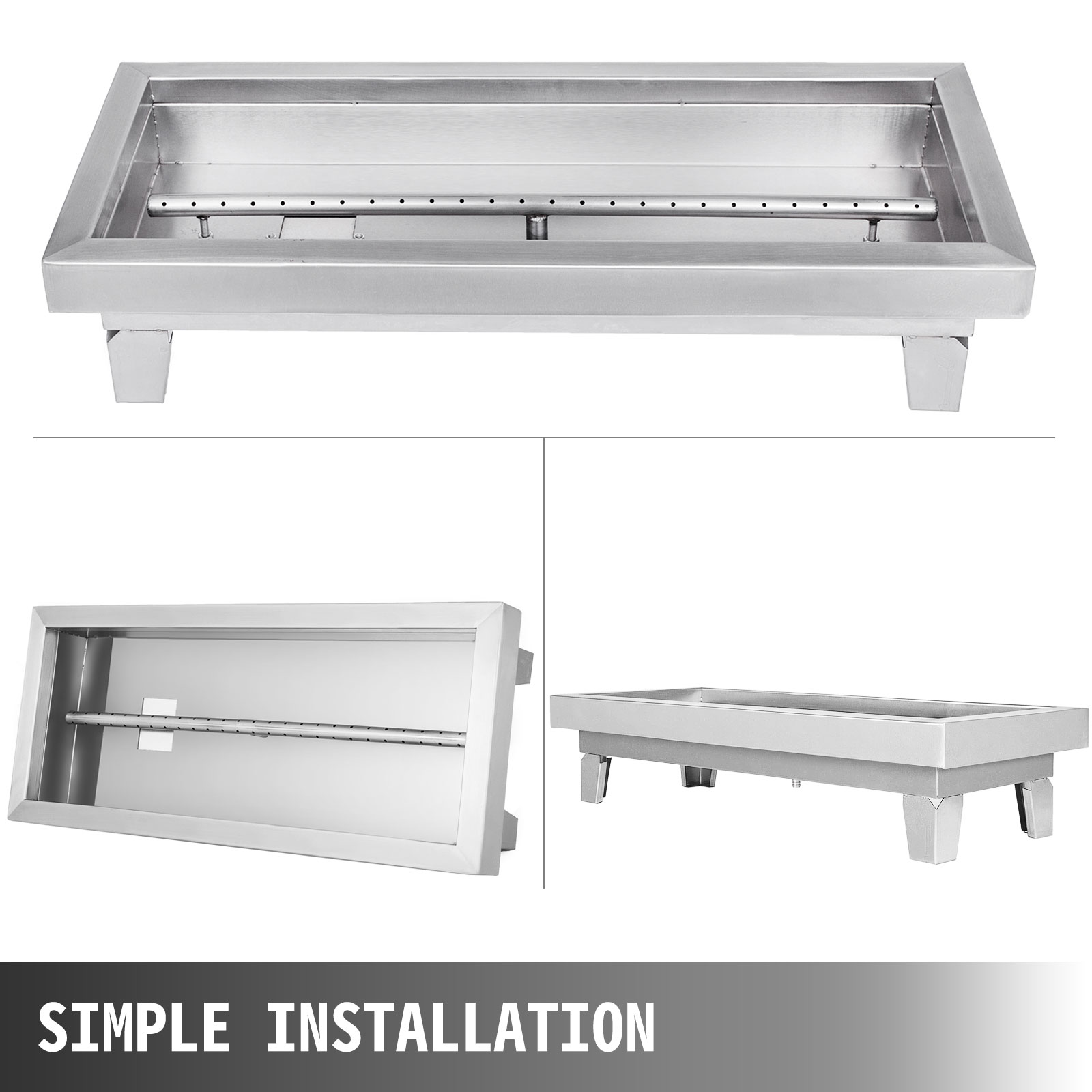 VEVOR BBQ Kohlebecken, 60 x 25 x 5 cm Barbecue Brazier Kohlebecken Feuerstelle aus Edelstahlkonstruktion, 9,07 kg Füllglas Multifunktionelle Feuer FeuerstelleMetall Kohlebecken Feuerfestes Glas