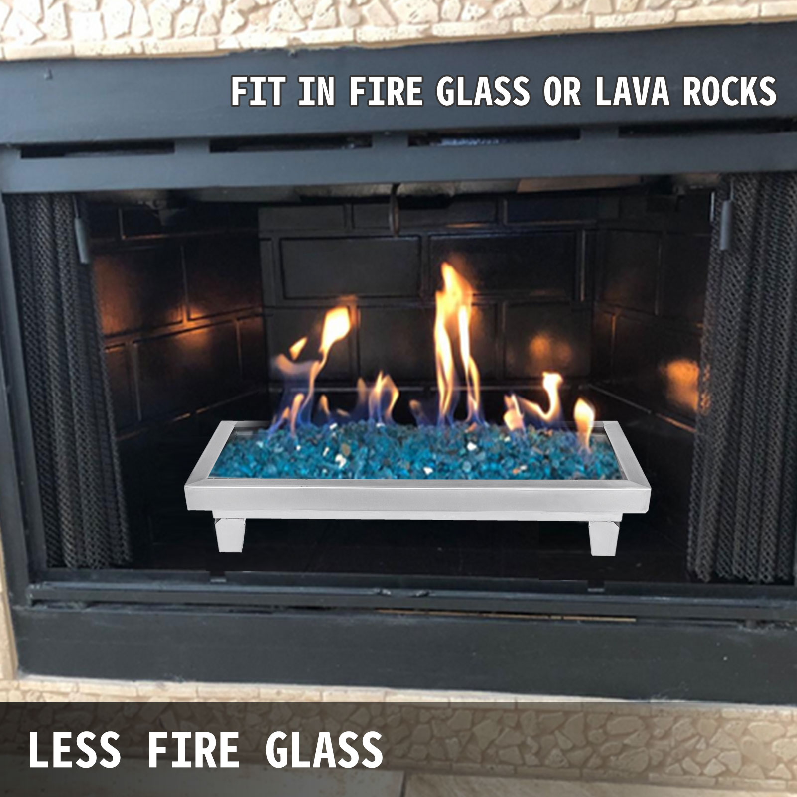 VEVOR BBQ Kohlebecken, 60 x 25 x 5 cm Barbecue Brazier Kohlebecken Feuerstelle aus Edelstahlkonstruktion, 9,07 kg Füllglas Multifunktionelle Feuer FeuerstelleMetall Kohlebecken Feuerfestes Glas