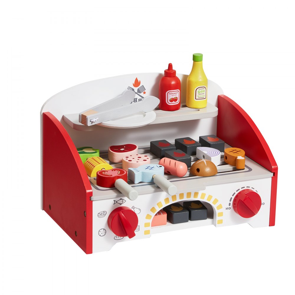 VEVOR Grill-Spielset für Kinder, Holzgrill-Spielset mit realistischem Kohlenfeuer, Küchenzubehör aus Holz zum Spielen von Lebensmitteln (26-teilig), Rollenspielspielzeug für Kinder ab 3 Jahren