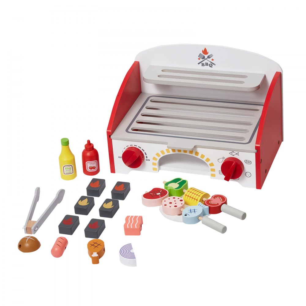 VEVOR Grill-Spielset für Kinder, Holzgrill-Spielset mit realistischem Kohlenfeuer, Küchenzubehör aus Holz zum Spielen von Lebensmitteln (26-teilig), Rollenspielspielzeug für Kinder ab 3 Jahren