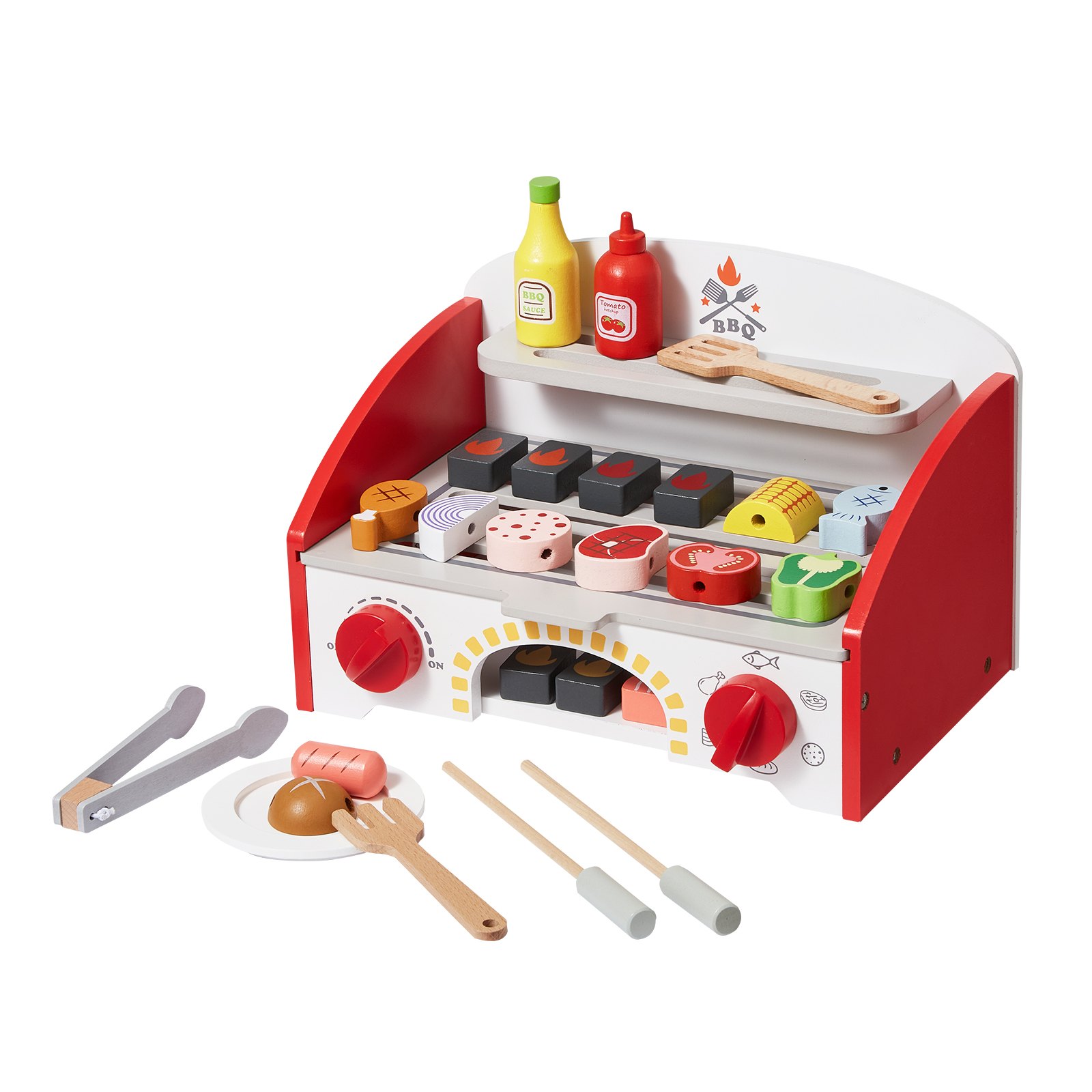 VEVOR Grill-Spielset für Kinder, Holzgrill-Spielset mit realistischem Kohlenfeuer, Küchenzubehör aus Holz zum Spielen von Lebensmitteln (26-teilig), Rollenspielspielzeug für Kinder ab 3 Jahren