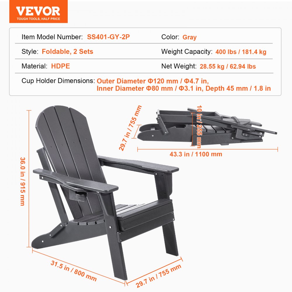 VEVOR Adirondack-Stuhl aus Kunststoff, 2er-Set, wetterfest, tragbarer, klappbarer Feuerstellenstuhl, Adirondack-Terrassenstuhl für den Außenbereich mit Getränkehalter, mit entspannender Armlehne, ergonomisch, für Garten, Hinterhof – Grau