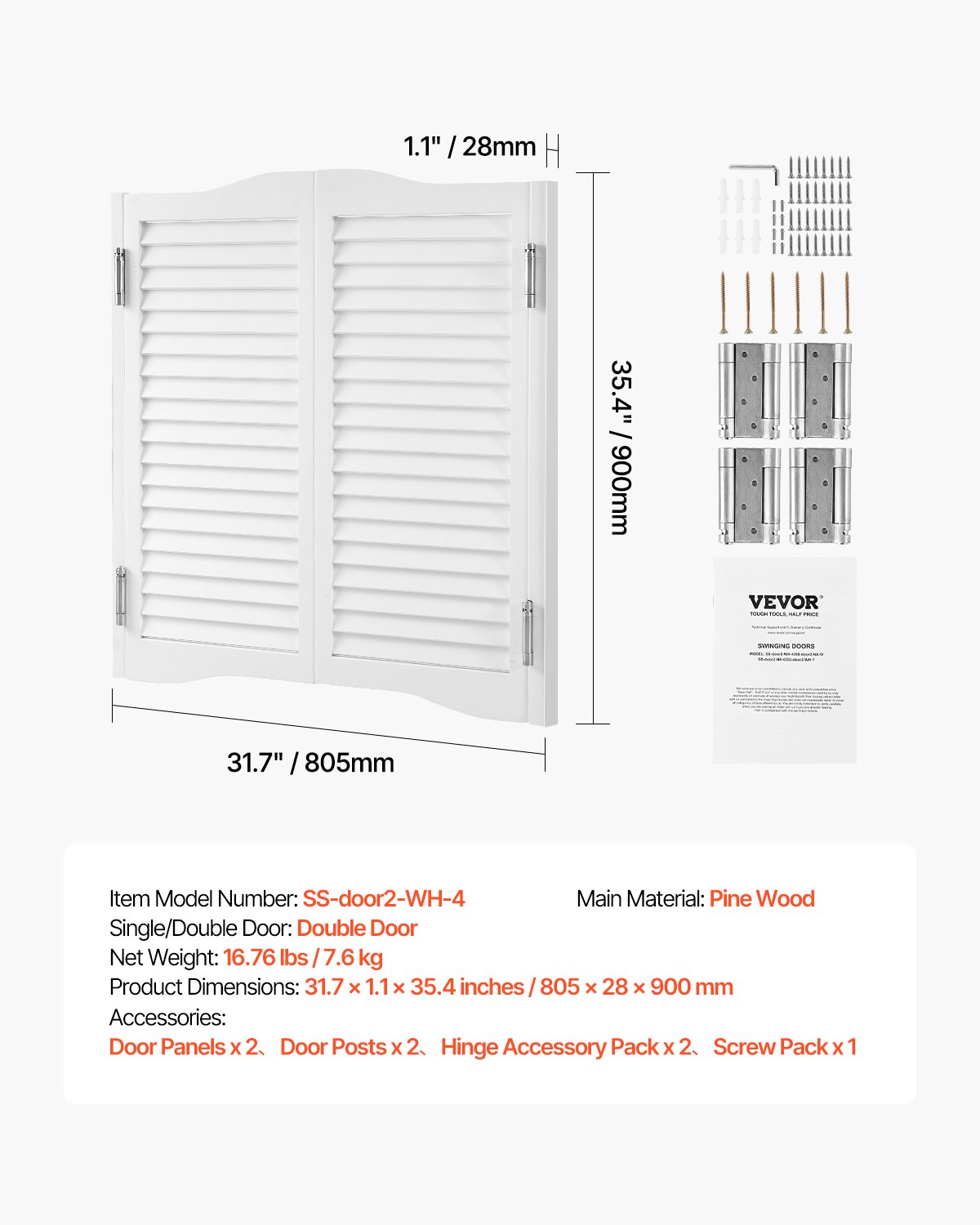 VEVOR Saloontür, 805x28x900 mm, Flügeltür, Schwingtür mit Scharnieren & Beschlagsatz, einfach zu installieren, gewölbte Innenschwingtüren für Cafés, Flur, Küche, Bar, Pub, Eingang, weiß