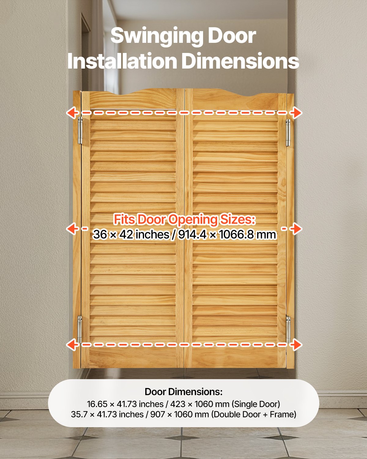 VEVOR Saloontür, 907x28x1060 mm, Schwingtür mit Scharnieren & Beschlagsatz, Flügeltür, einfach zu installieren, gewölbte Innenschwingtüren für Cafés, Flur, Küche, Bar, Pub, Eingang, Holzfarbe
