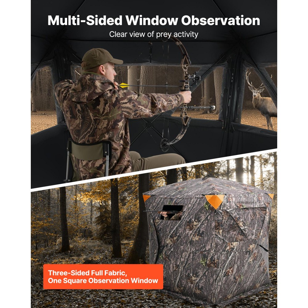 VEVOR Jagdzelt Jagdversteck Bodenzelt Pop-Up-Hirschversteck für 2–3 Personen zur Jagd mit Tragetasche, tragbares & belastbares Bodenversteck mit 3 horizontalen Fenstern 148 x 148 x 170 cm