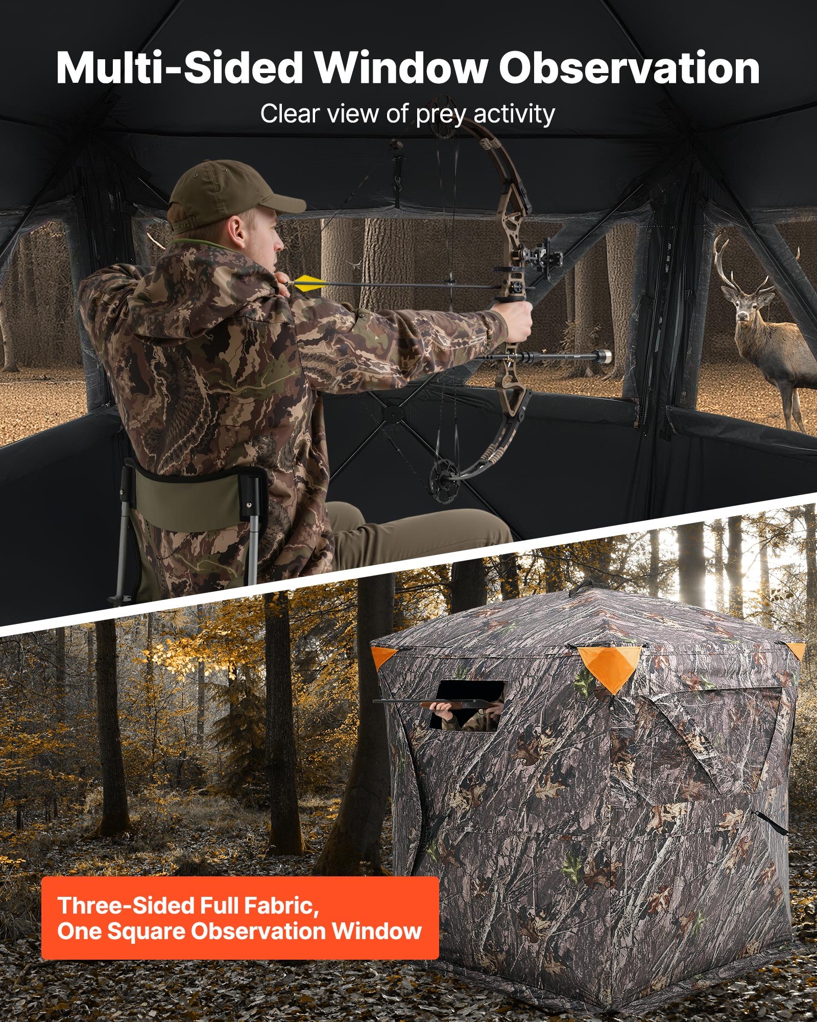 VEVOR Jagdzelt Jagdversteck Bodenzelt Pop-Up-Hirschversteck für 2–3 Personen zur Jagd mit Tragetasche, tragbares & belastbares Bodenversteck mit 3 horizontalen Fenstern 148 x 148 x 170 cm