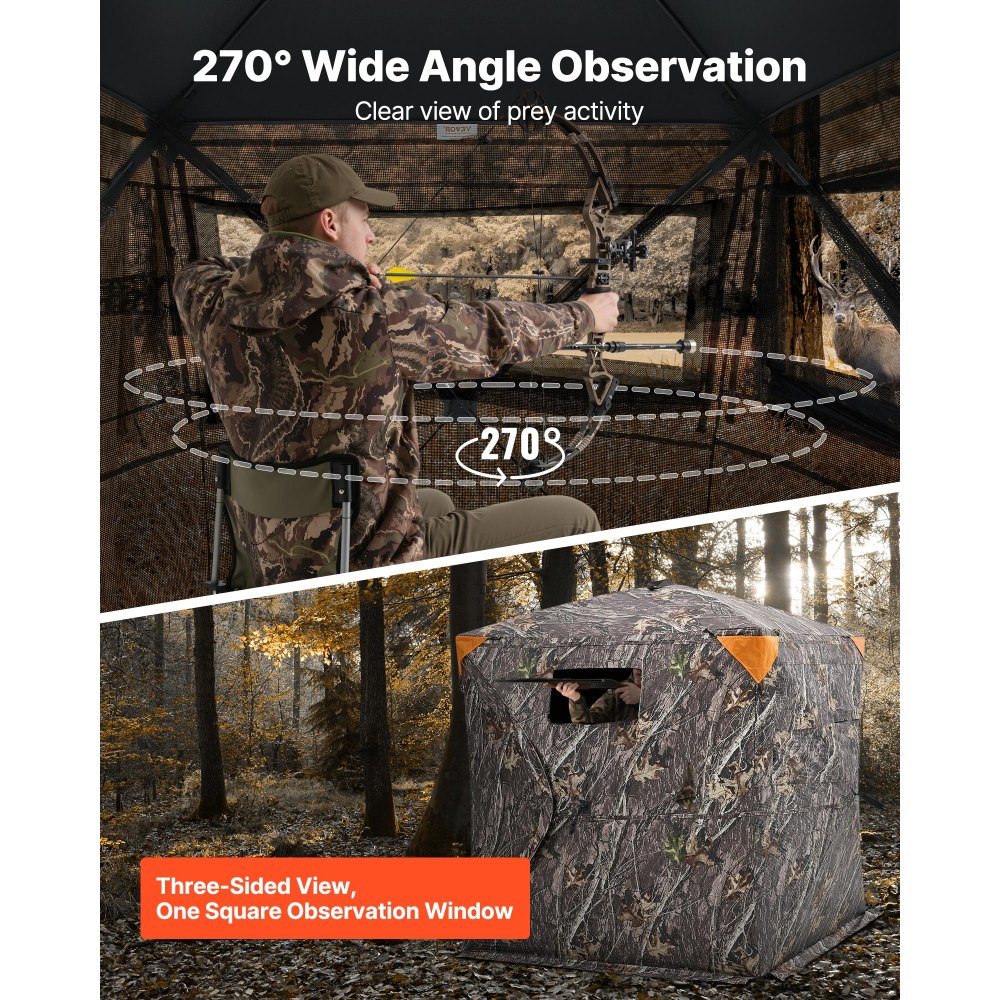 VEVOR Jagdzelt Jagdversteck, 2-3 Personen tragbares Tarnzelt, 270° durchsichtiges Bodenversteck, geeignet für die Truthahn- und Hirschjagd, Jagdunterstand mit Tragetasche, 148 x 148 x 170 cm