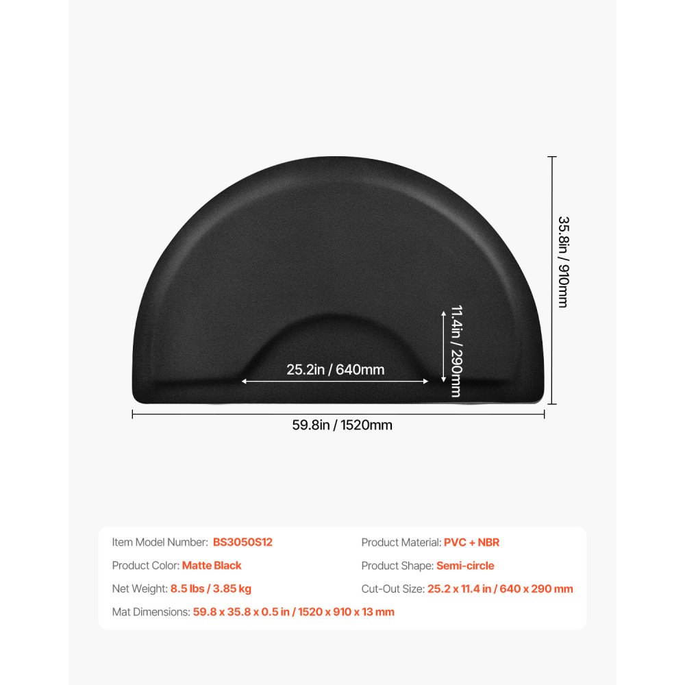 VEVOR Salonmatte für Friseure, 910x1520 mm, halbrunde Stehmatte, 13 mm dicke Anti-Ermüdungsmatte mit rundem Ausschnitt, leicht zu reinigender PVC-Oberfläche & abgeschrägten Kanten zum Stolpern