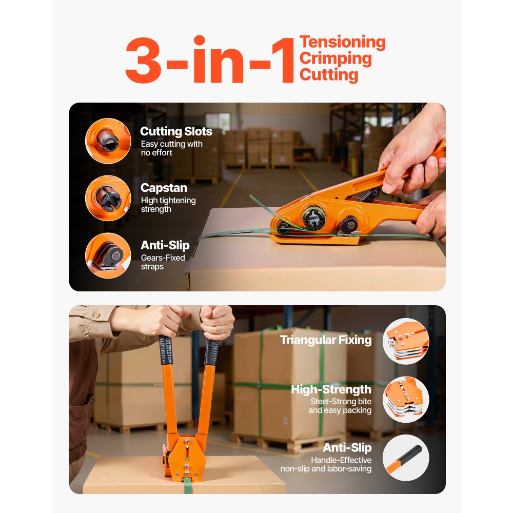 VEVOR Banding Strapping Kit, Heavy Duty Banding Sealer Tool with 305 m Length PET Band, 300 Metal Seals, Plastic Manual Pallet Packaging Strapping Kit for Warehouse/Shipping/Moving/Home, Orange