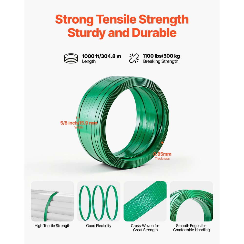 VEVOR Banding Strapping Kit, Heavy Duty Banding Sealer Tool with 305 m Length PET Band, 300 Metal Seals, Plastic Manual Pallet Packaging Strapping Kit for Warehouse/Shipping/Moving/Home, Orange