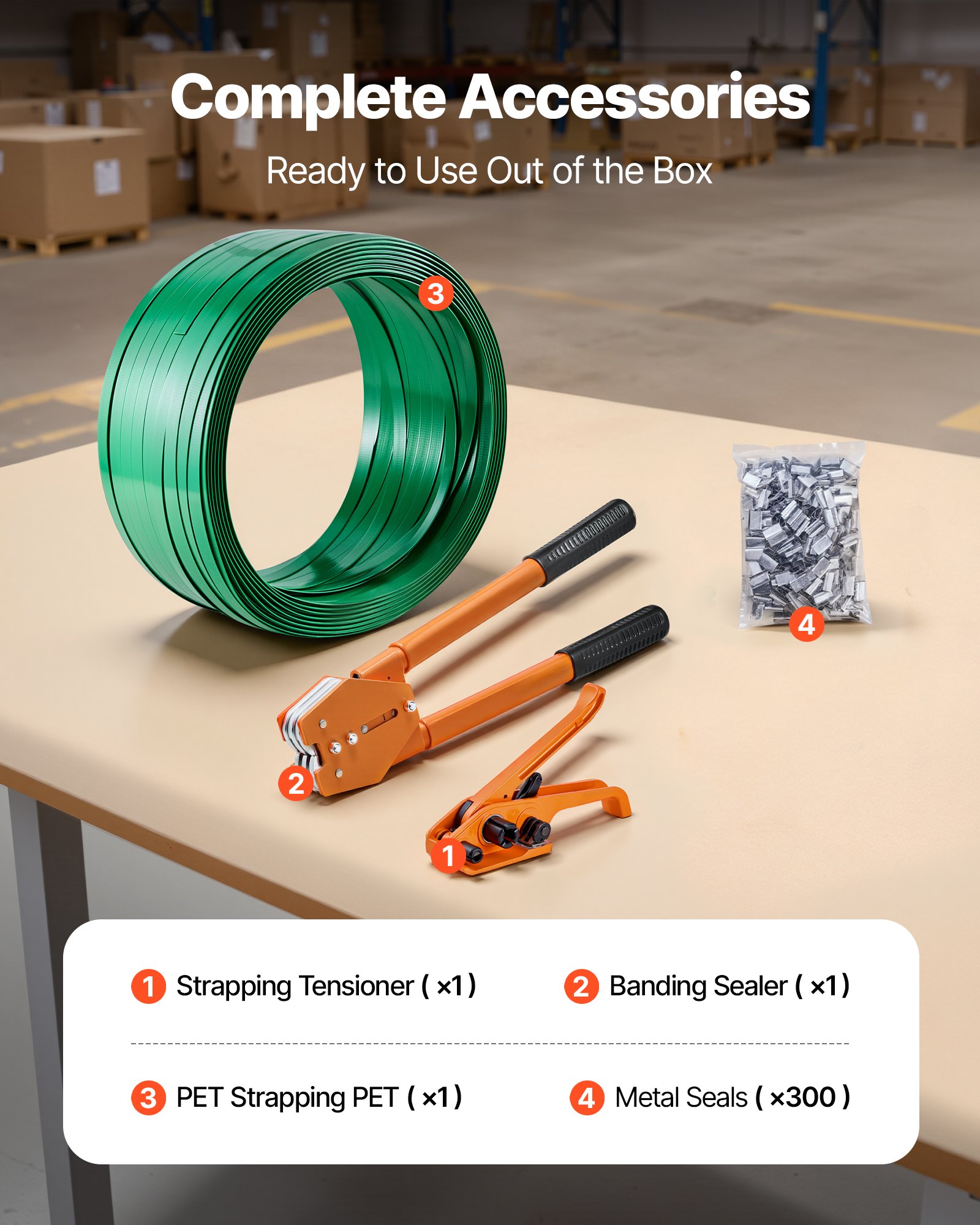 VEVOR Banding Strapping Kit, Heavy Duty Banding Sealer Tool with 305 m Length PET Band, 300 Metal Seals, Plastic Manual Pallet Packaging Strapping Kit for Warehouse/Shipping/Moving/Home, Orange