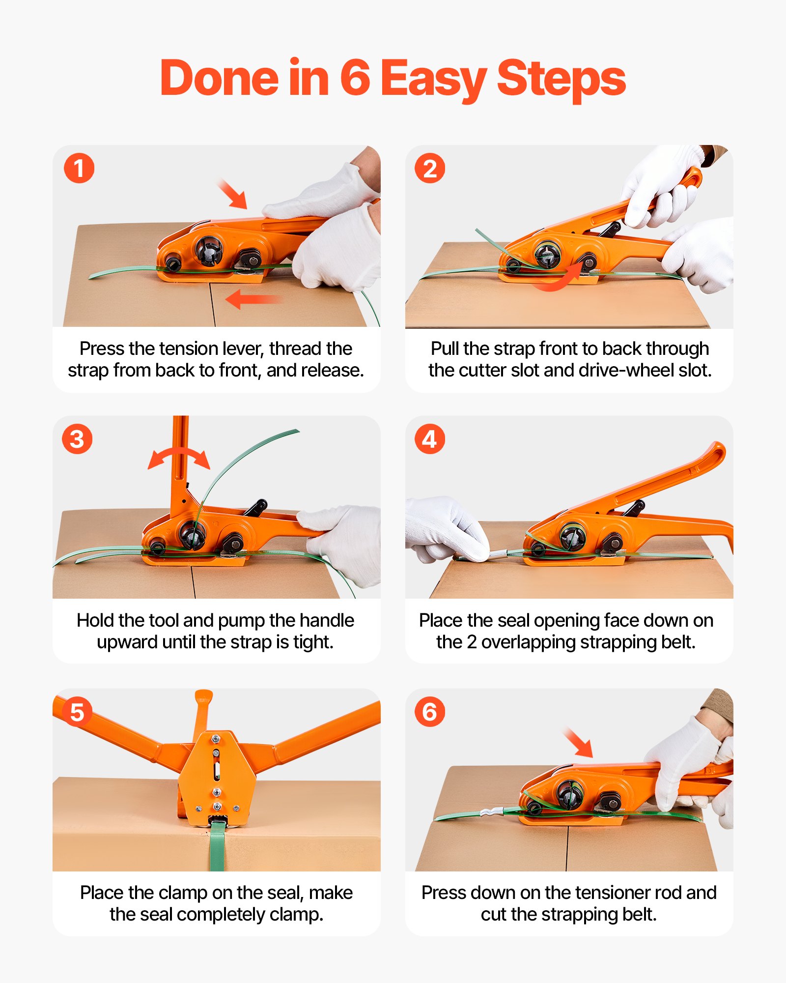 VEVOR Banding Strapping Kit, Heavy Duty Banding Sealer Tool with 305 m Length PET Band, 300 Metal Seals, Plastic Manual Pallet Packaging Strapping Kit for Warehouse/Shipping/Moving/Home, Orange
