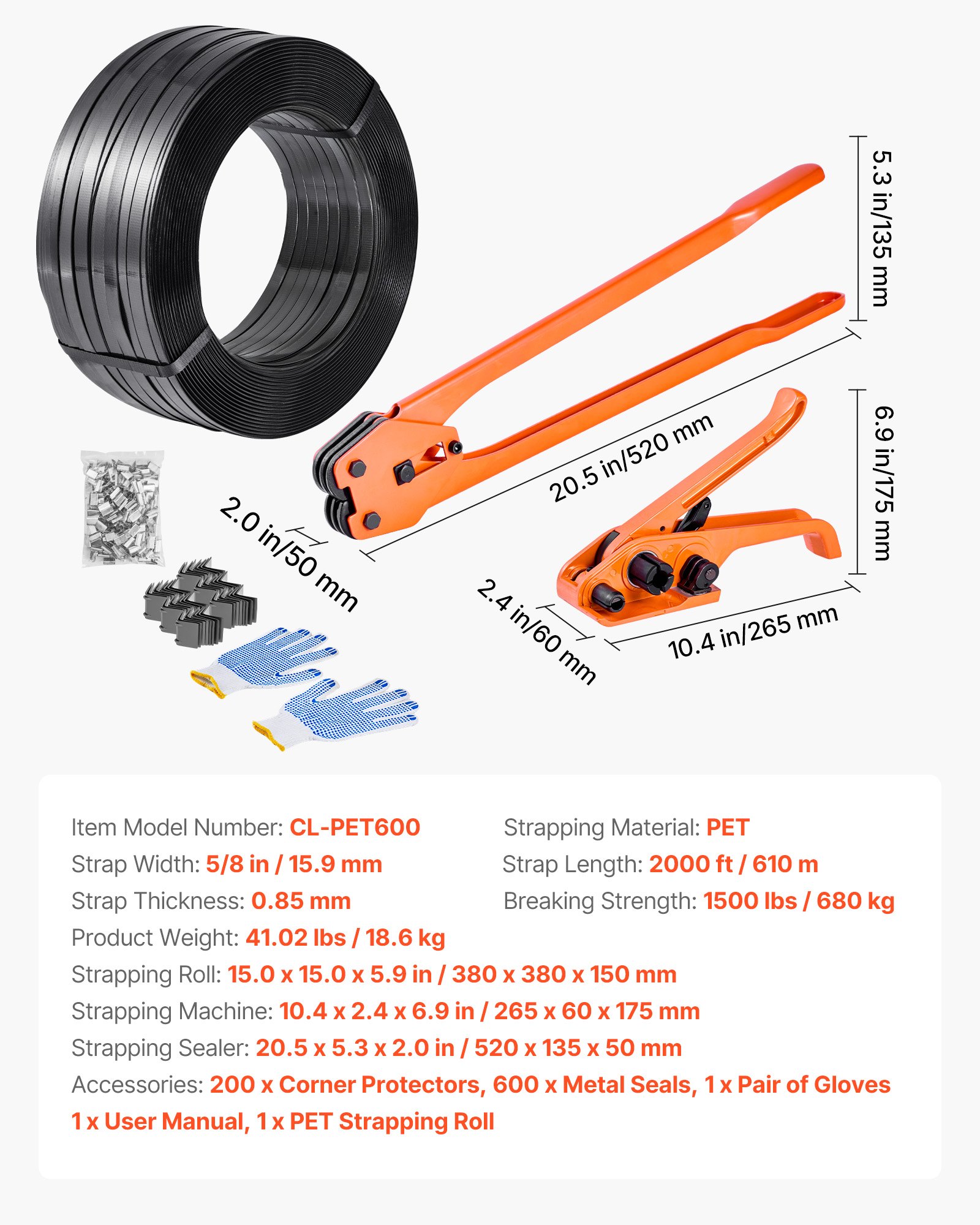VEVOR 6 tlg Umreifungsset mit Umreifungsband, manuelle Umreifungsgerät mit 610 m PET Band, 600 Metallklammern, 200 Kantenschutzern, pefekte Werkstattausstattung für Verpackung, Transport und Lager